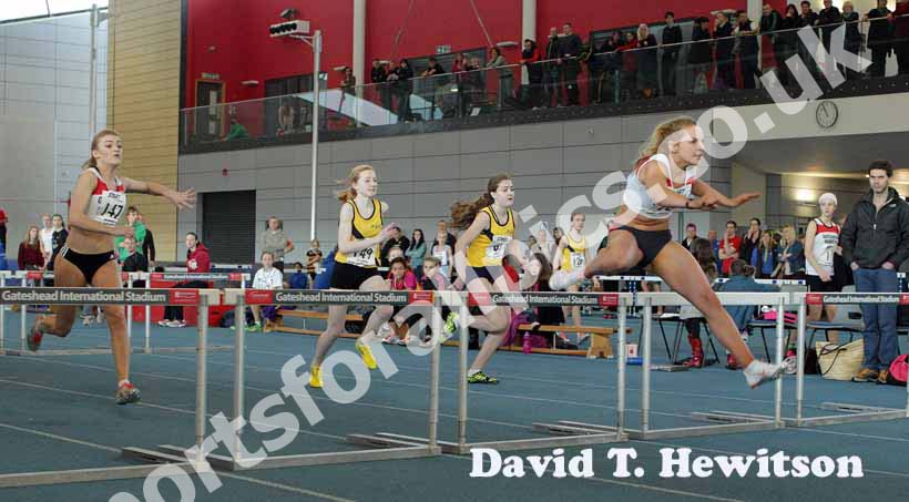 Lucy Turner (Gateshead Harriers) winning the under-17 womens 60 metres hurdles in a championship record, North East Indoor Champs, Gateshead.